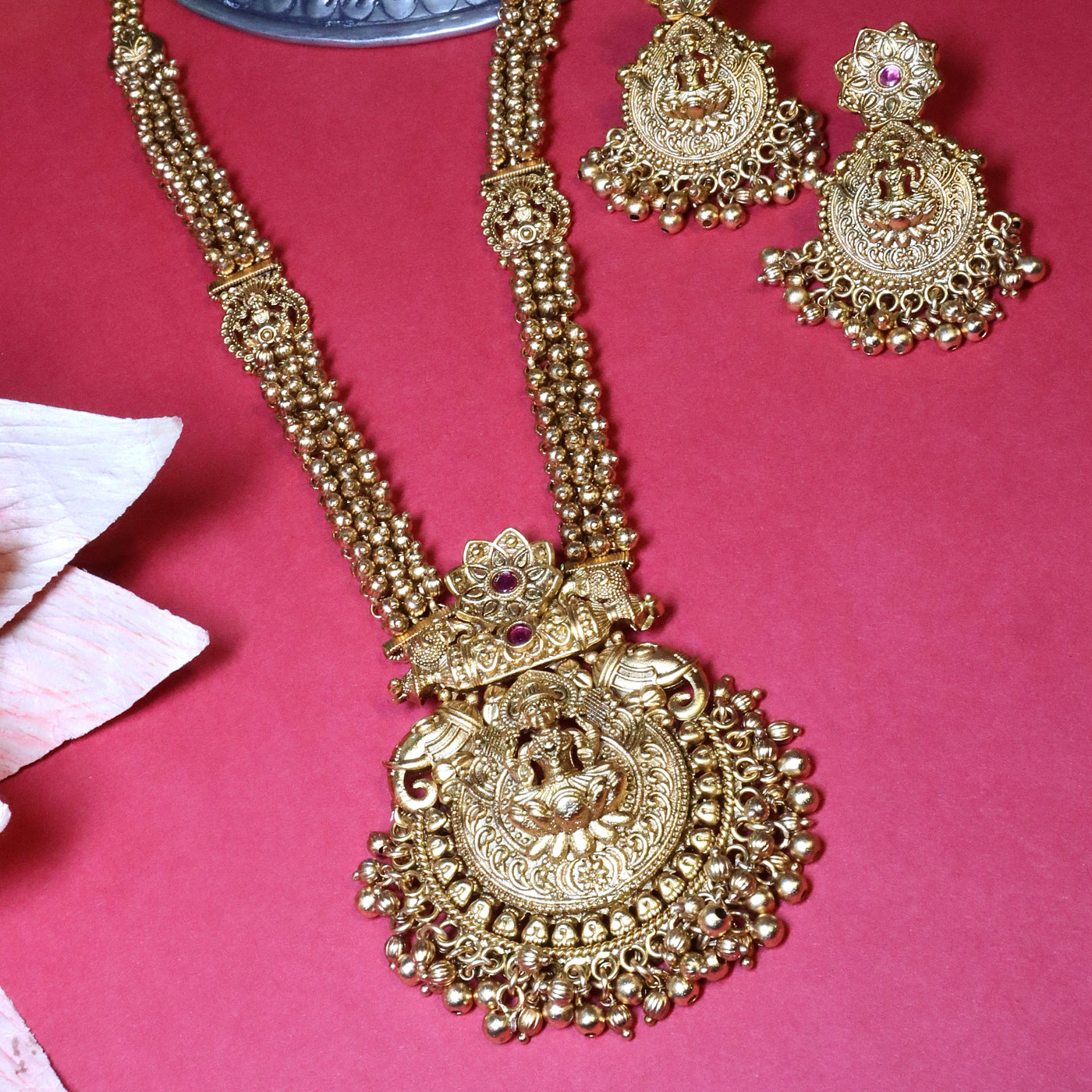 Antique Gold Lakshmi Temple Necklace Set with Round Pendant Design - SIA454037