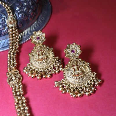 Antique Gold Lakshmi Temple Necklace Set with Round Pendant Design - SIA454037