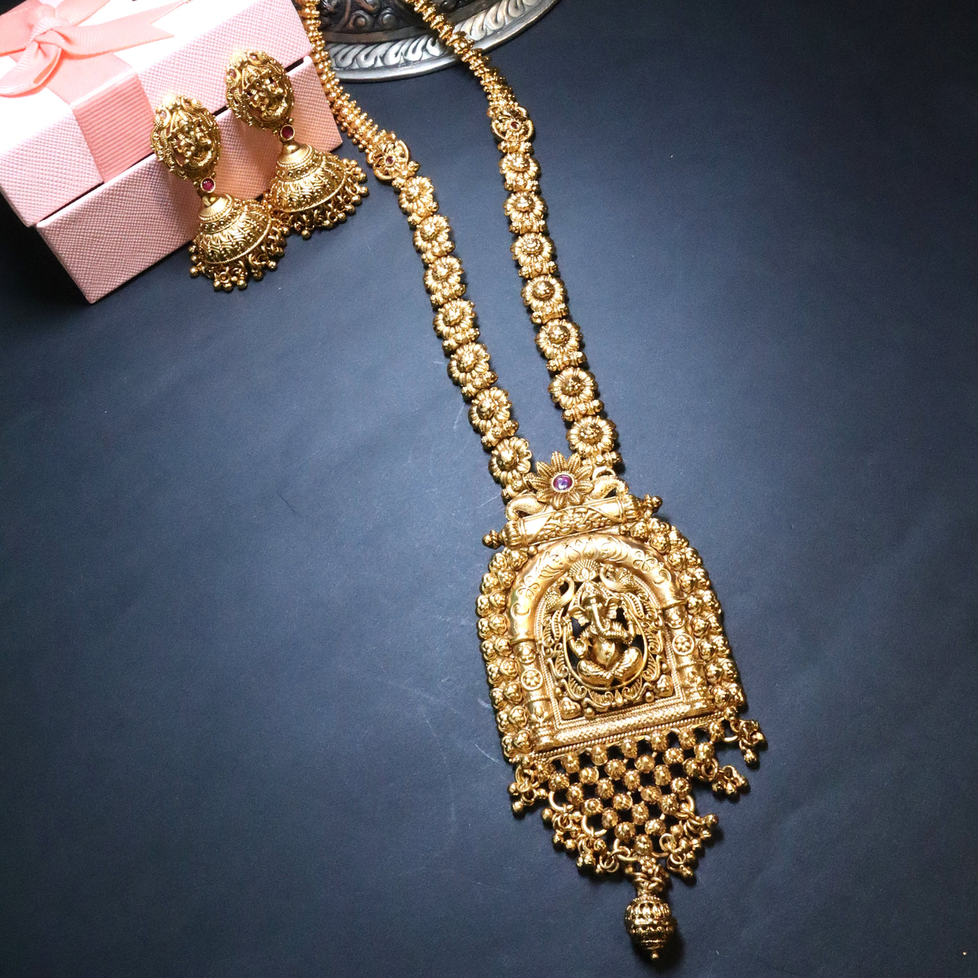 Antique Gold Ganpati Temple Necklace Set - SIA454038