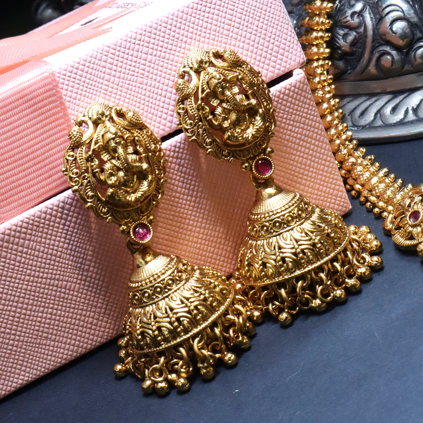 Antique Gold Ganpati Temple Necklace Set - SIA454038