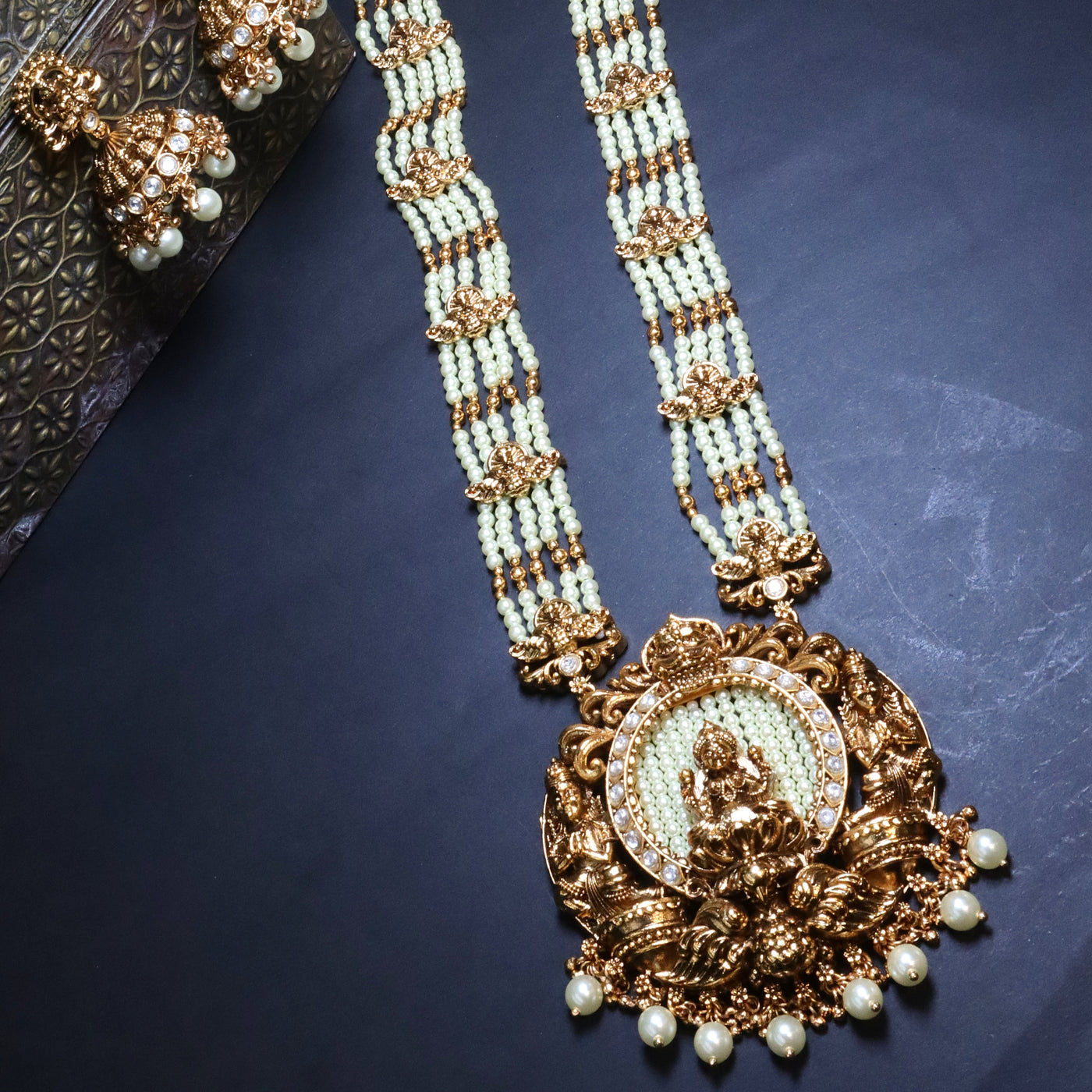 Gold Lakshmi Pendant Pearl Necklace Set - SIA454042