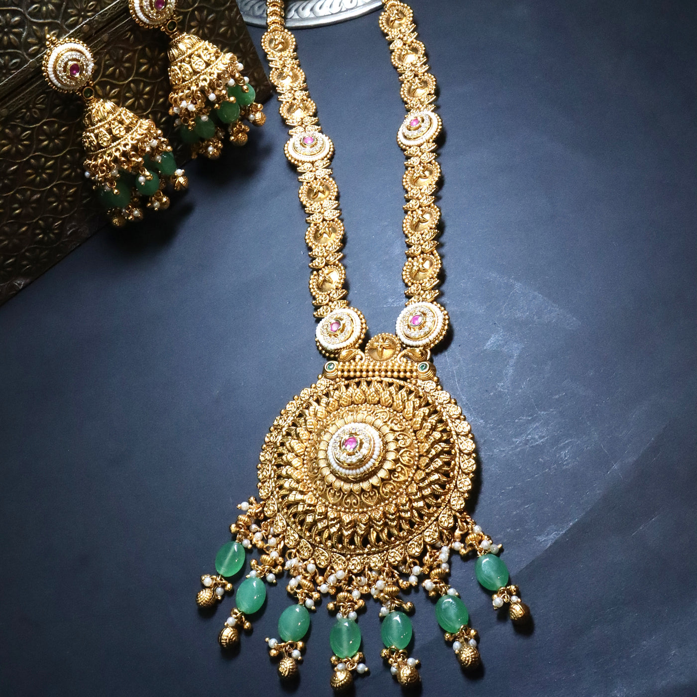 Gold Temple Round Necklace with Green Beads - SIA454045