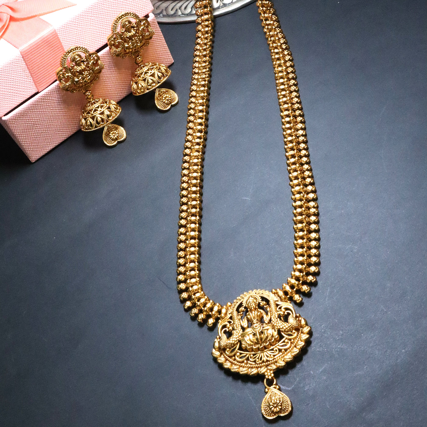Antique Gold Lakshmi Pendant Necklace Set - SIA454047