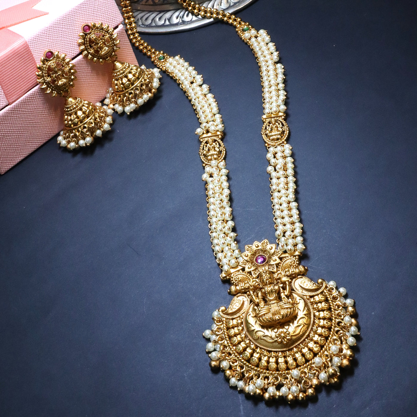 Gold Temple Necklace with Pearl Layers & Round Lakshmi Pendant - SIA454052