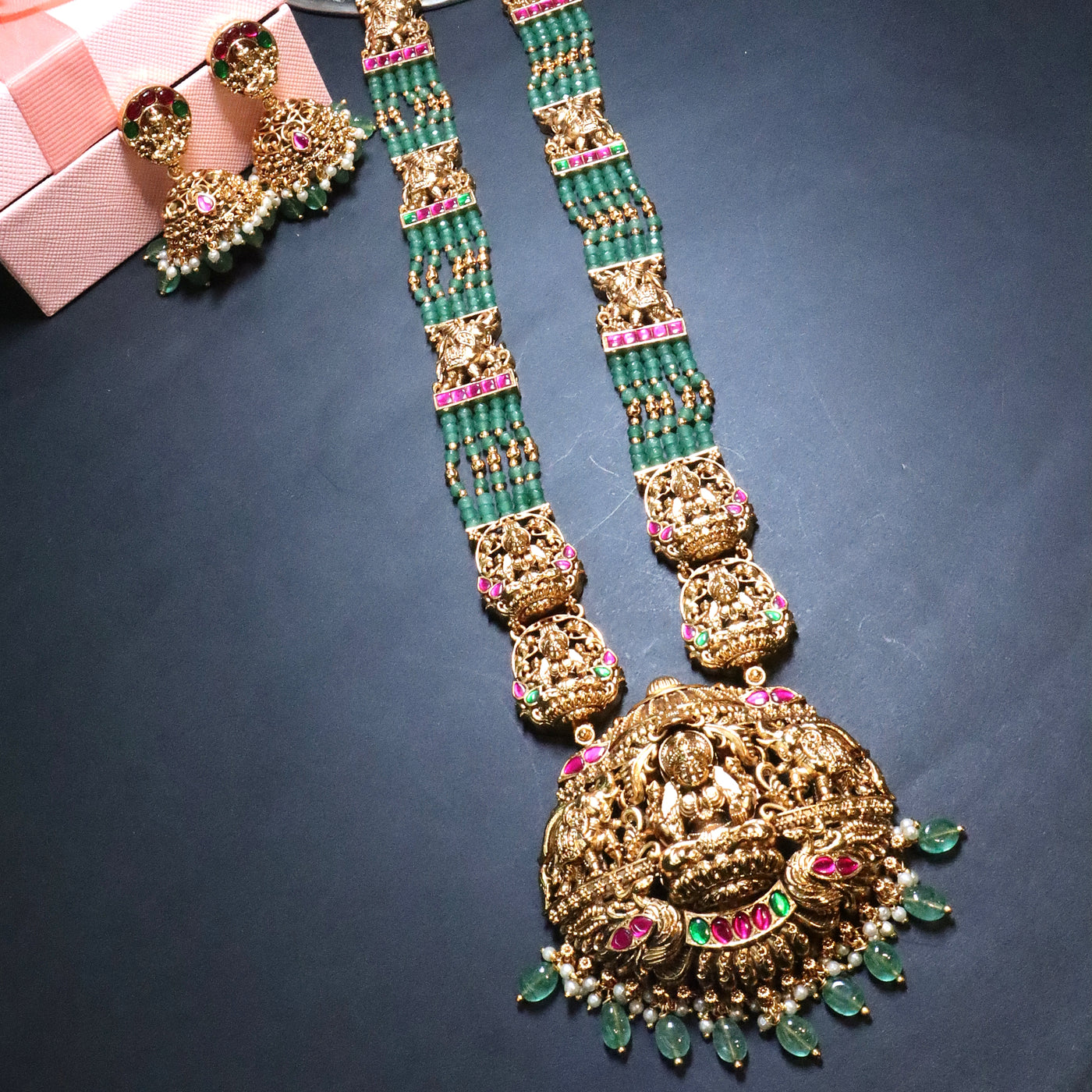 Antique Gold Temple Necklace with Green Beads & Ruby Accents - SIA454054