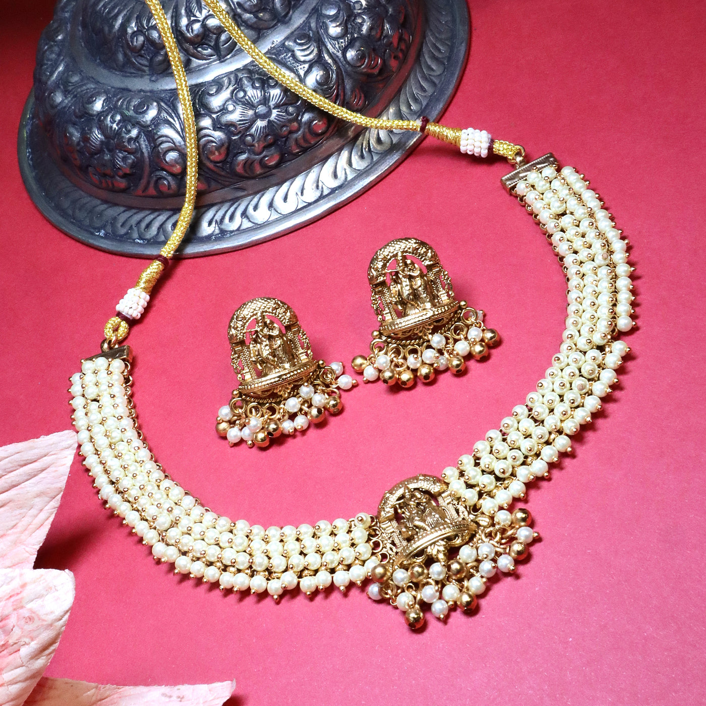 Pearl Layered Temple Gold Necklace Set - SIA454057