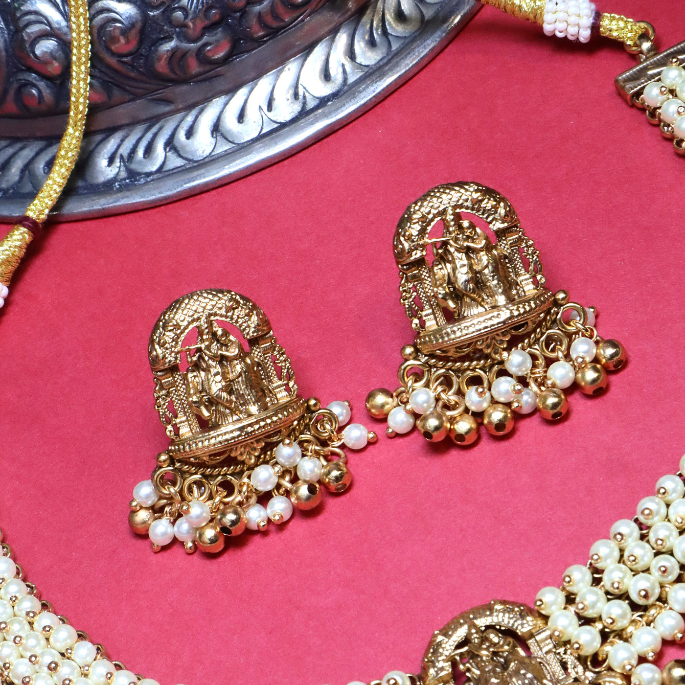 Pearl Layered Temple Gold Necklace Set - SIA454057