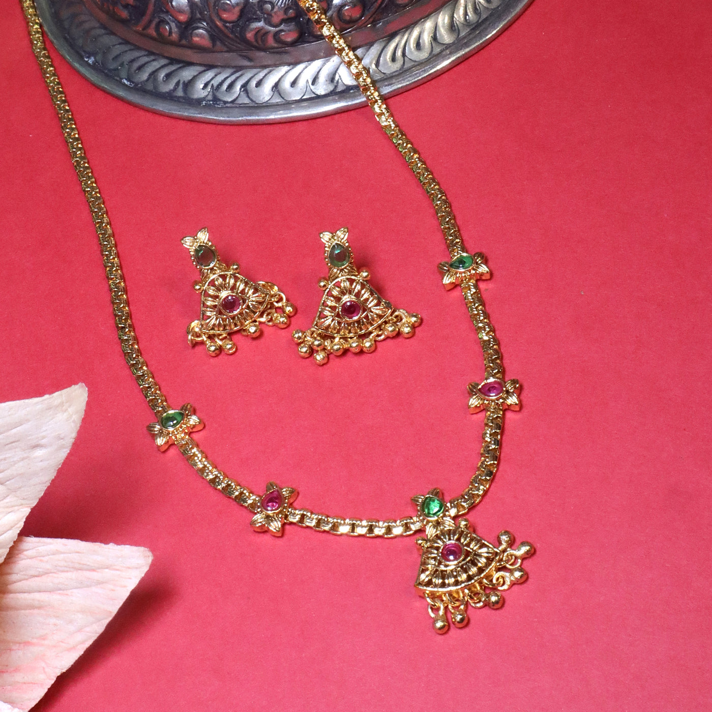 Antique Gold Triangle Pendant Necklace with Ruby-Green Stones - SIA454063