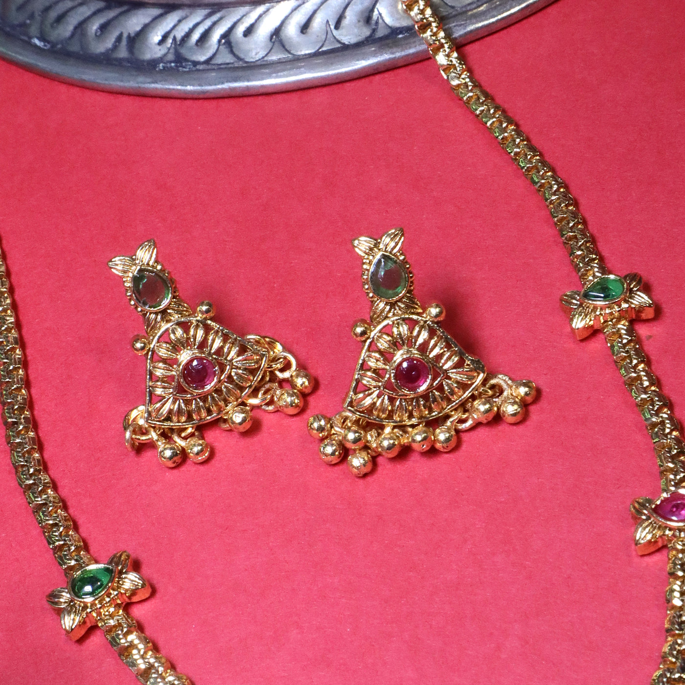 Antique Gold Triangle Pendant Necklace with Ruby-Green Stones - SIA454063