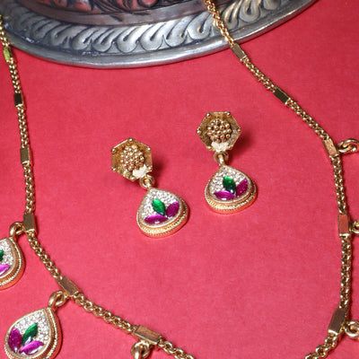 Gold Teardrop Necklace with Ruby-Green Floral Design - SIA454064