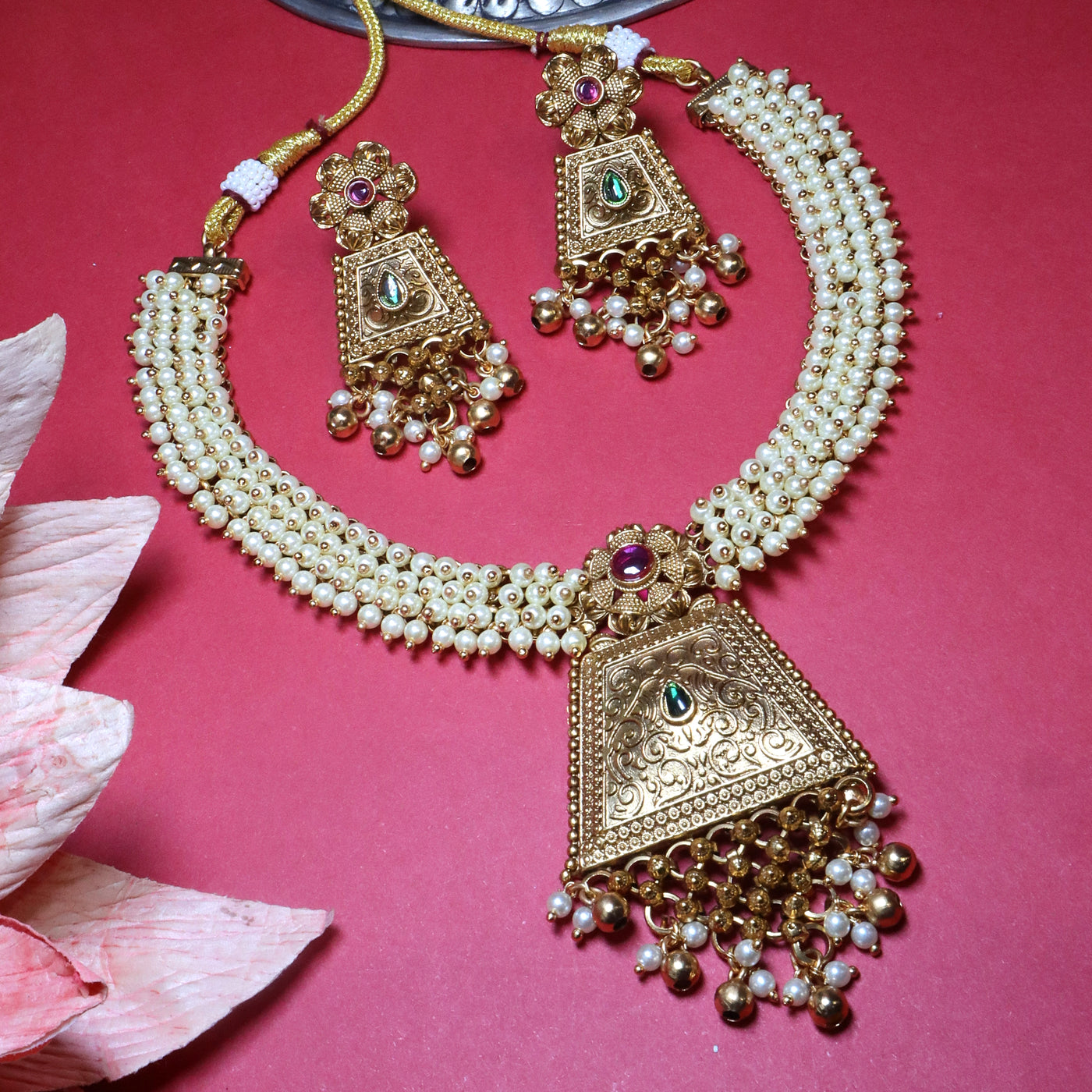 Antique Gold Pearl Temple Necklace Set - SIA454068