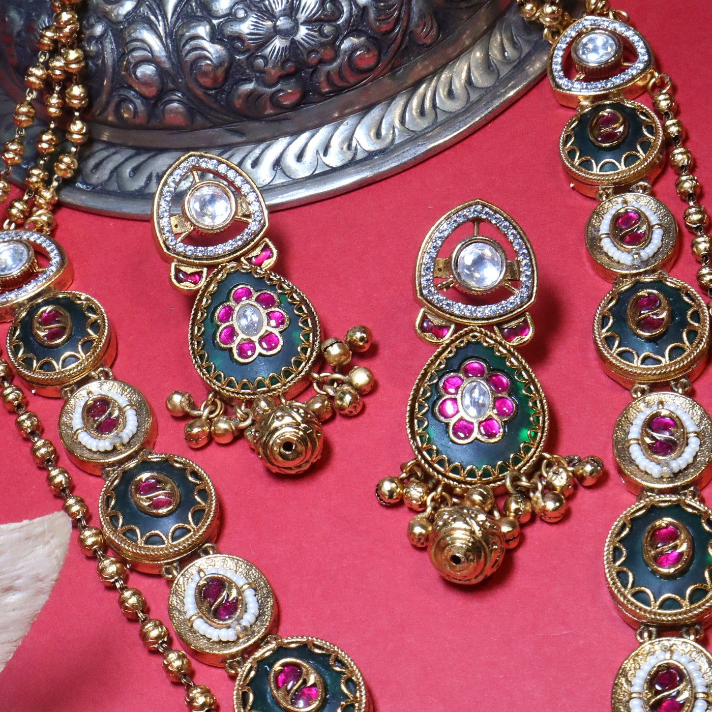 Gold Dual-Tone Kundan Necklace with Red-Green Stones - SIA454069