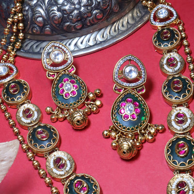Gold Dual-Tone Kundan Necklace with Red-Green Stones - SIA454069