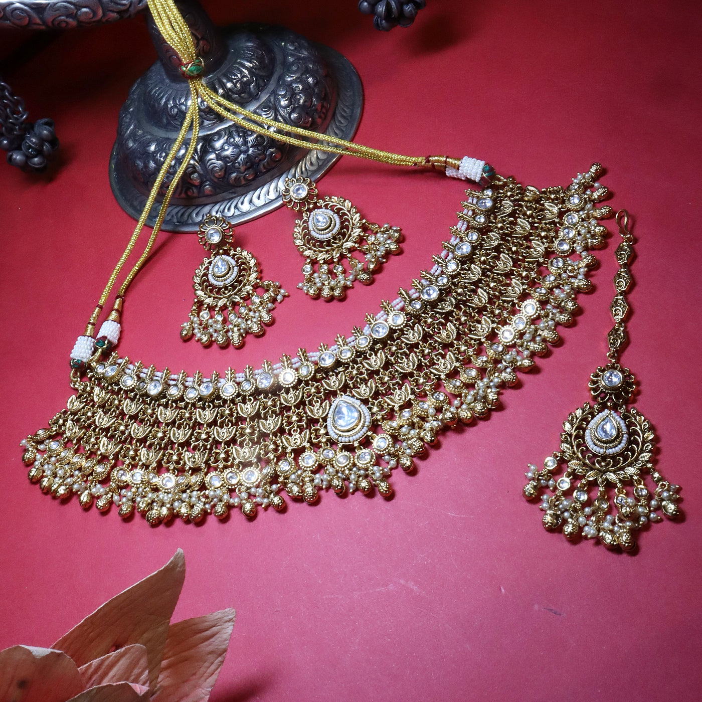Antique Gold Layered Choker Necklace with Dangler Earrings - SIA454070