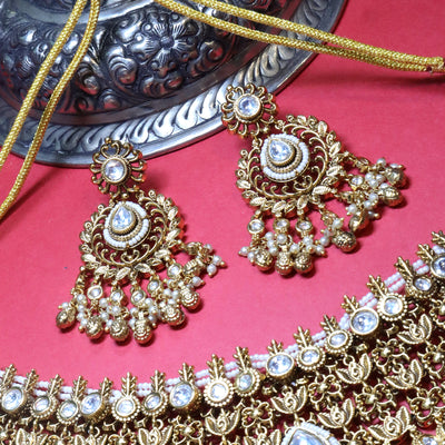 Antique Gold Layered Choker Necklace with Dangler Earrings - SIA454070