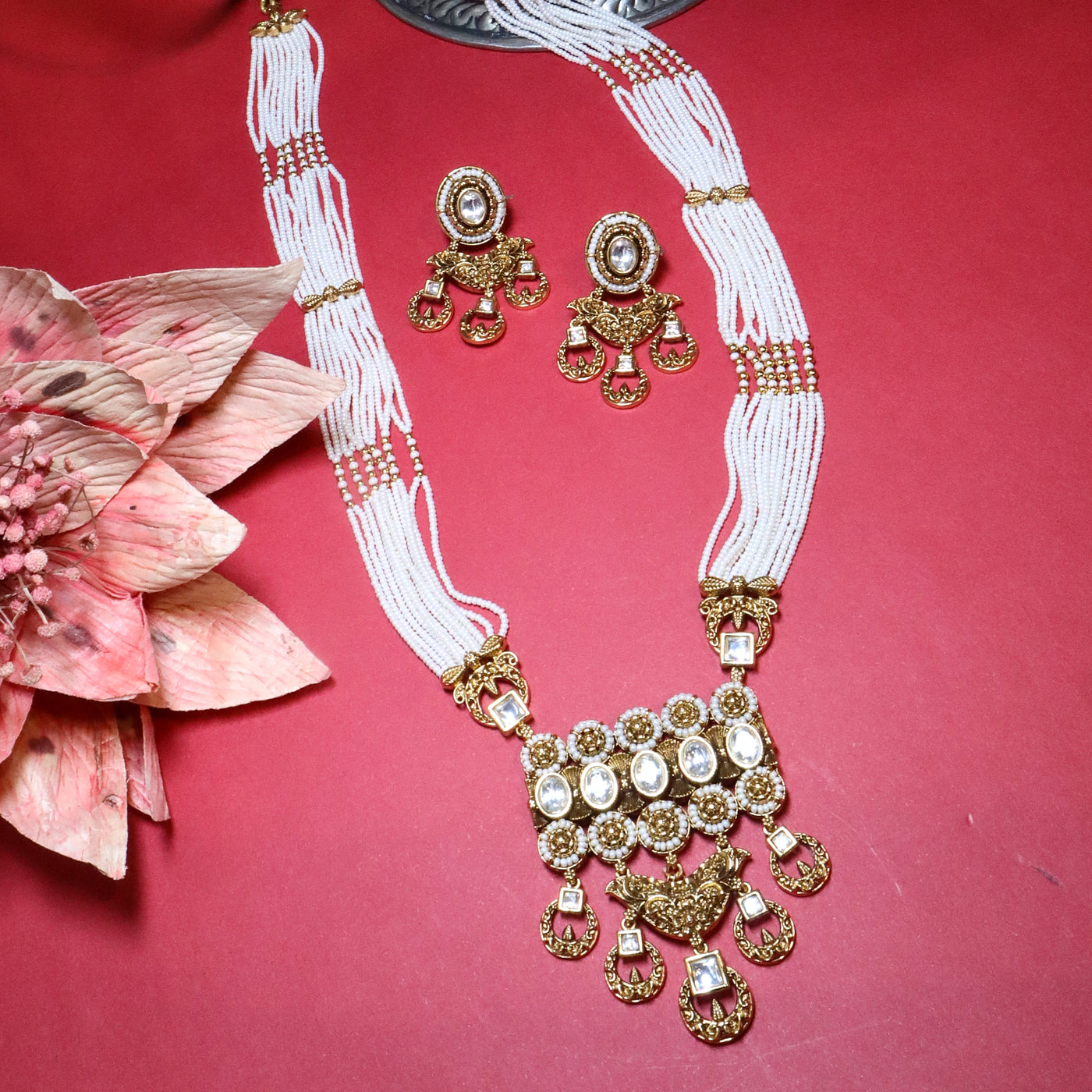 White Beaded Gold Square Pendant Necklace Set - SIA454075