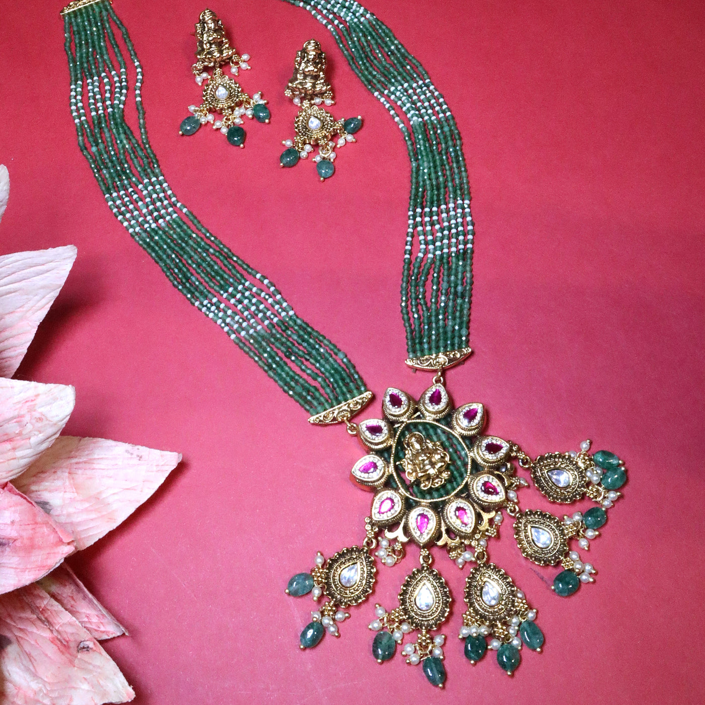 Emerald Bead & Ruby Kundan Necklace Set - SIA454077