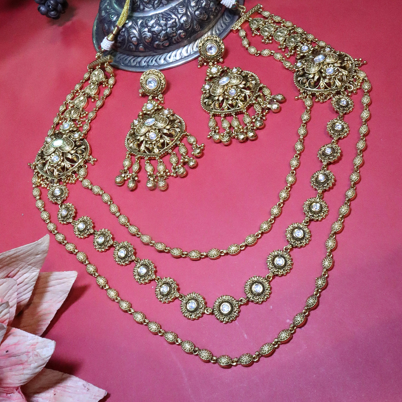 Antique Gold Layered Floral Necklace Set - SIA454079