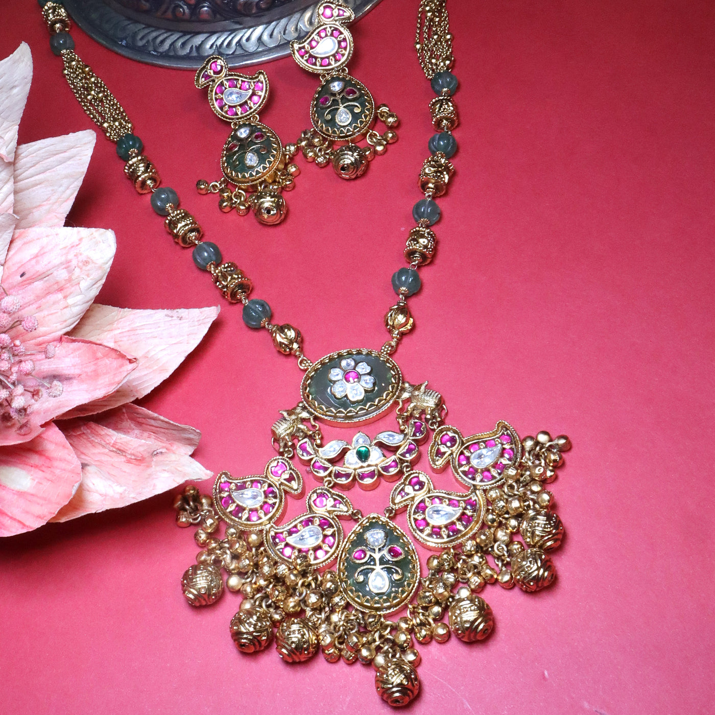 Gold Bird Motif Necklace Set with Pink & Green Stones - SIA454080