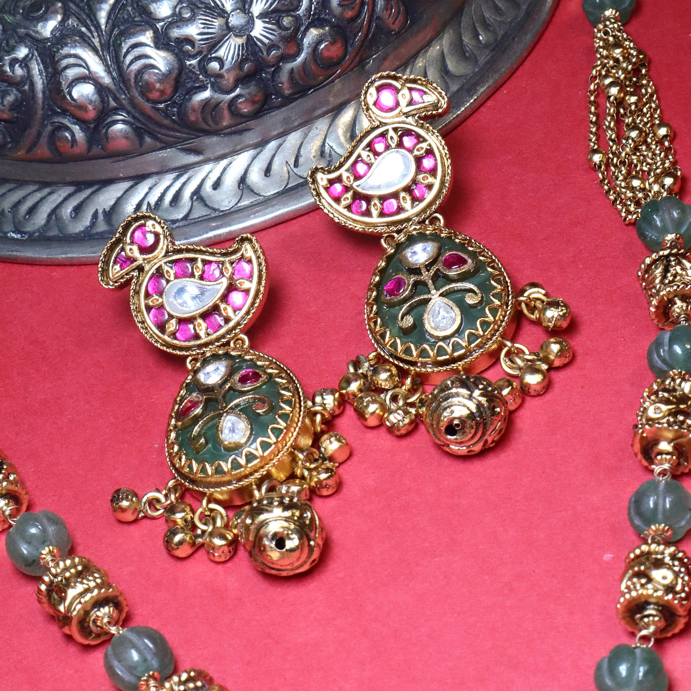 Gold Bird Motif Necklace Set with Pink & Green Stones - SIA454080