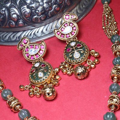 Gold Bird Motif Necklace Set with Pink & Green Stones - SIA454080