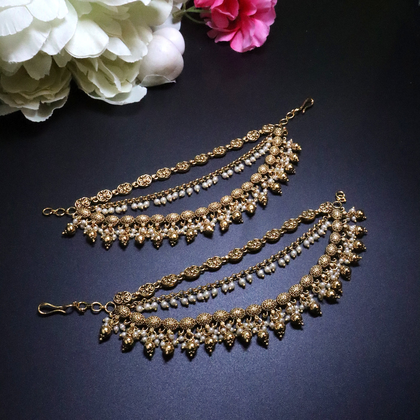 Antique Gold Pearl Ghungroo Ear Chains - SIA454160
