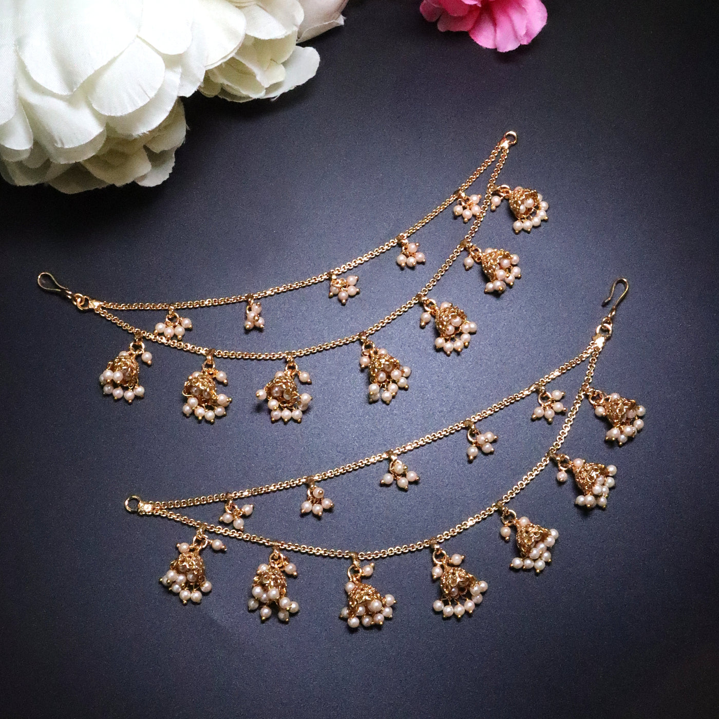 3-Layered Gold-Plated Jhumka & Pearl Drop Ear Chains - SIA454161