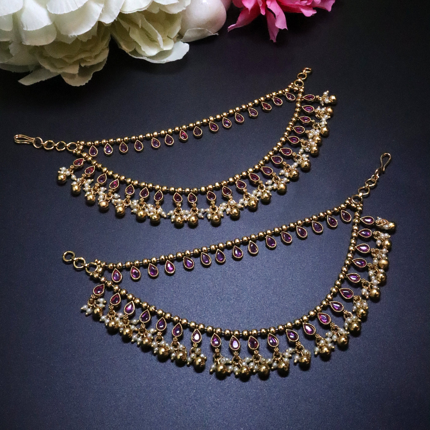 Antique Gold Kundan & Ruby Tear Drop 3-Layered Ear Chains - SIA454163