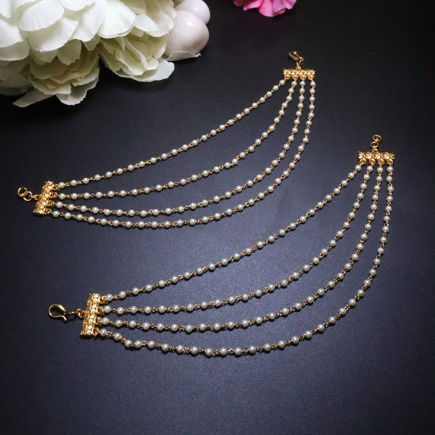 Gold-Plated 4-Layered Pearl Beaded Ear Chains with Kundan Connector - SIA454166