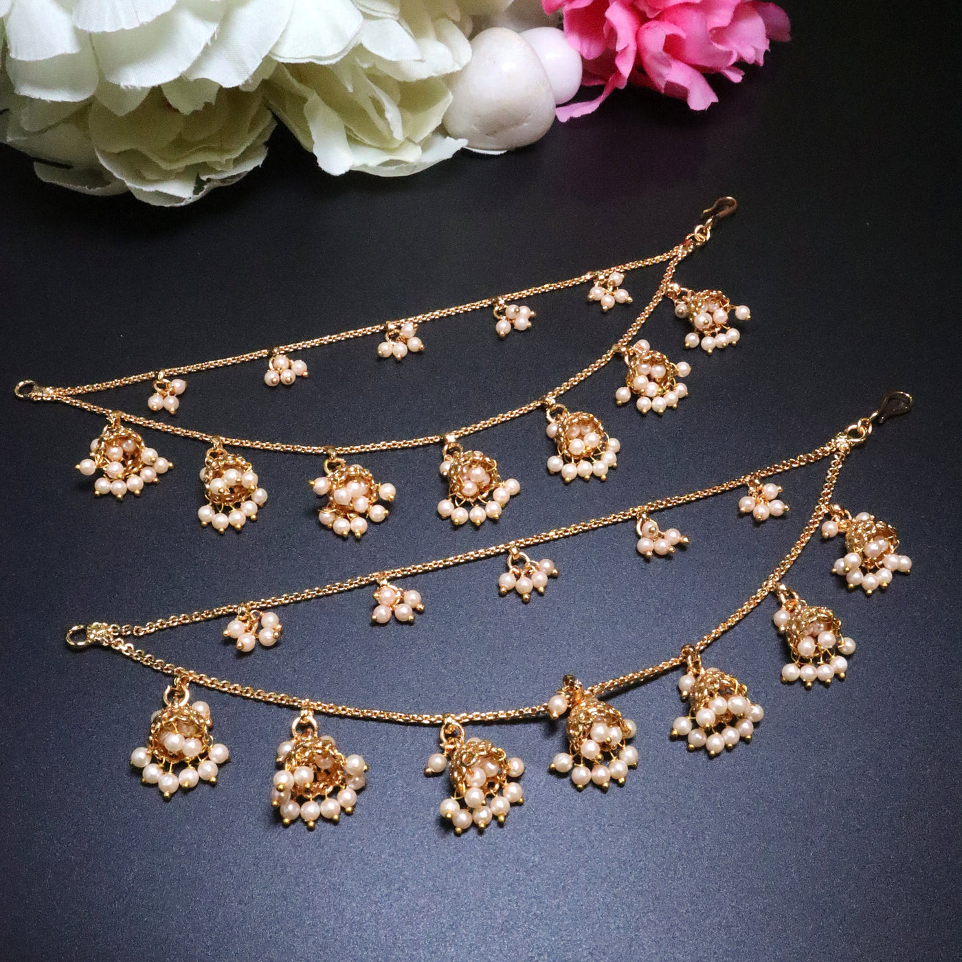 Gold-Toned 2-Layered Floral Pearl Drop Ear Chains - SIA454167
