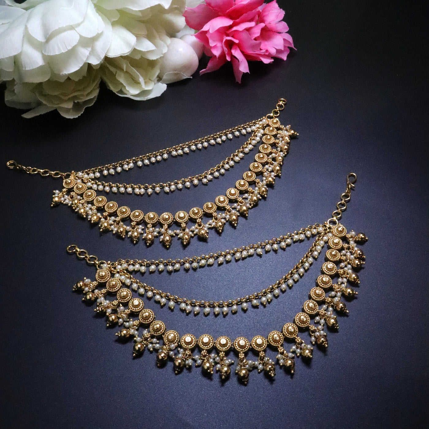 Antique Gold 3-Layered Ear Chain with Gold & Pearl/Ghungroo Drops - SIA454168