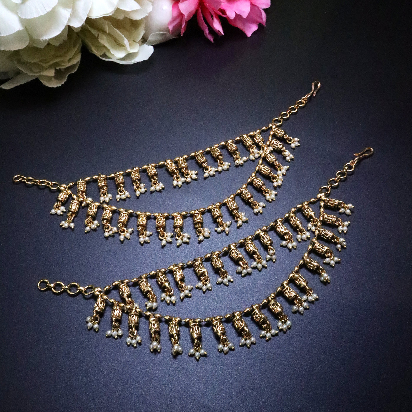 Gold-Toned 2-Layered Lantern Drop Ear Chains with Pearl Accents - SIA454169