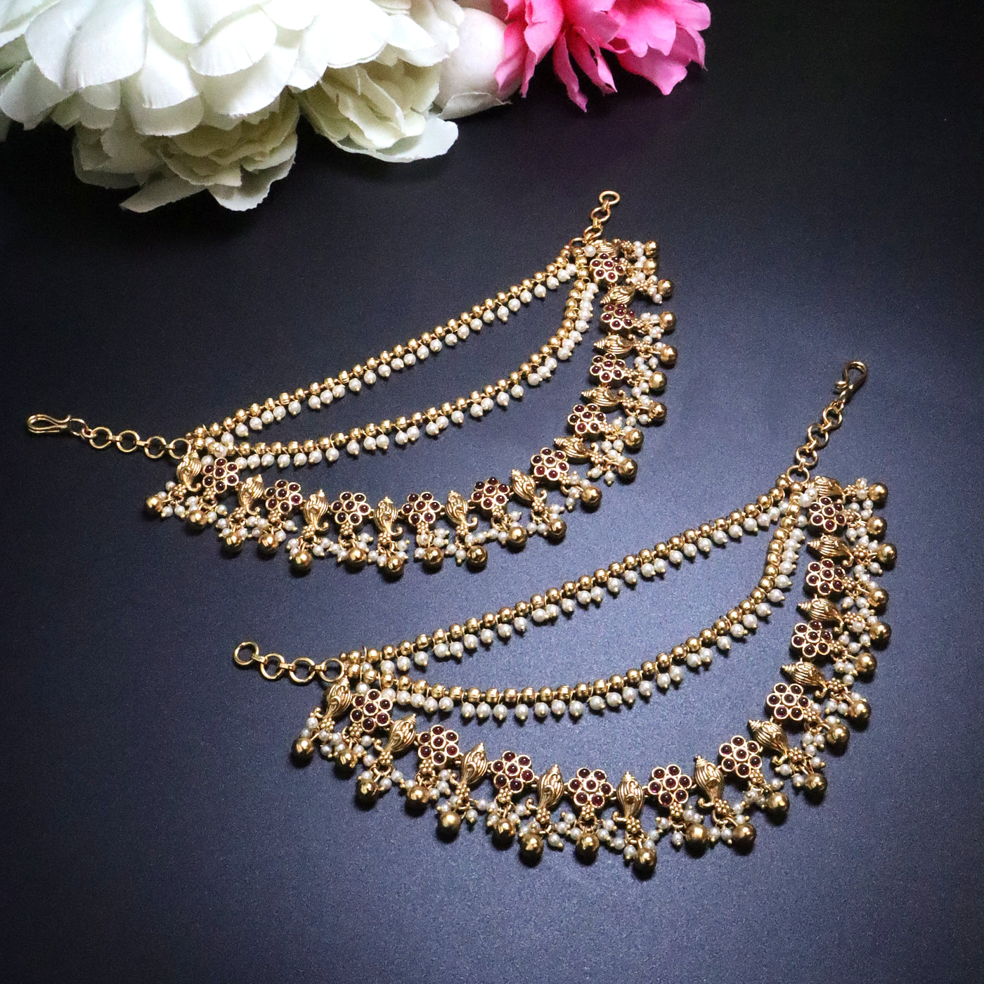 Antique Gold 3-Layered Floral Maroon Stone & Pearl Drop Ear Chains - SIA454171