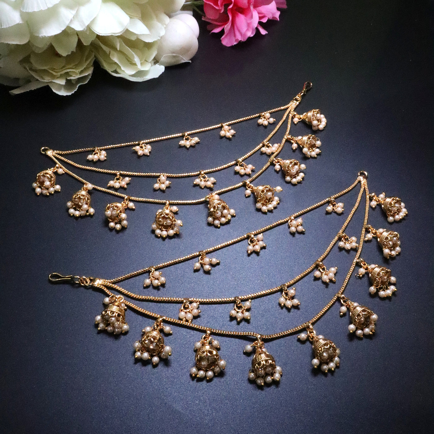 Gold-Toned 2-Layered Chain Ear Chain with Jhumka & Pearl Drops - SIA454173