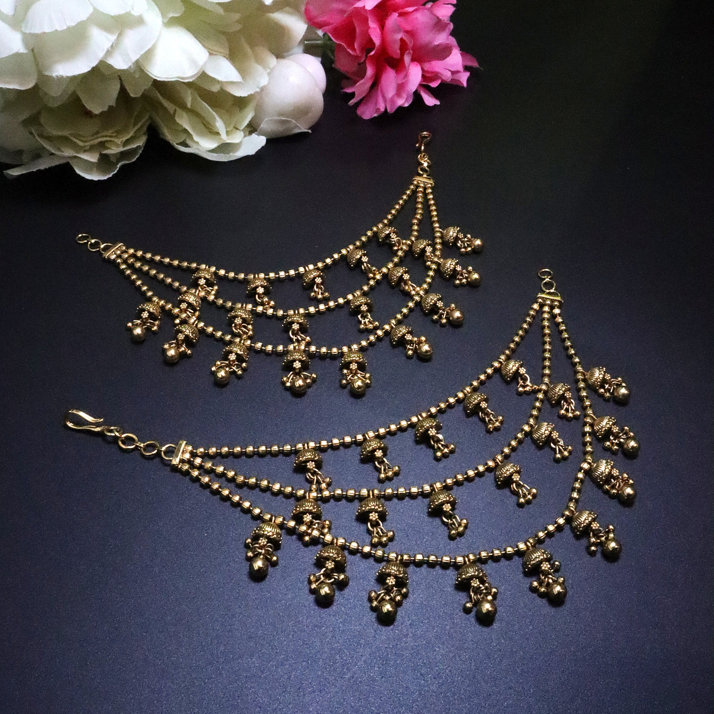 Antique Gold 3-Layered Bell Drop Ear Chains - SIA454174