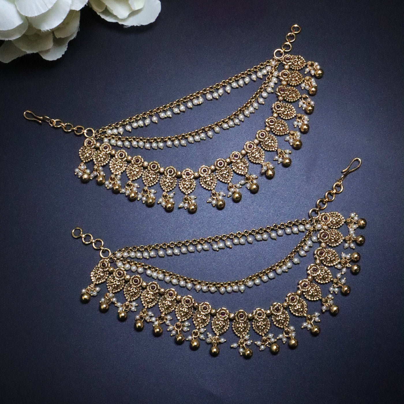  Antique Gold 3-Layered Ear Chain with Ruby Stone Heart Motifs & Pearl Drops - SIA454175