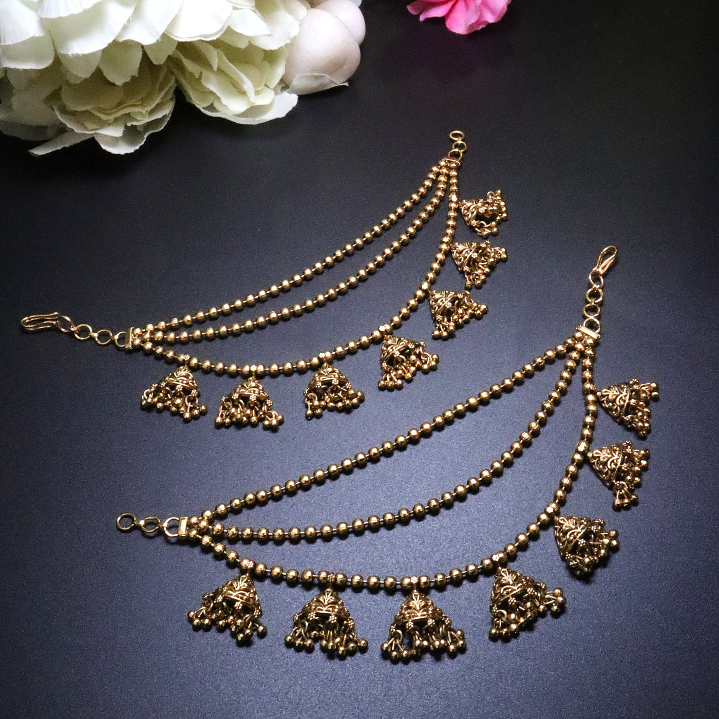 Antique Gold 3-Layered Ball Chain Ear Chain with Jhumka Drop - SIA454177