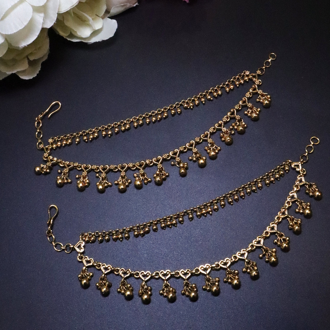 Antique Gold 2-Layered Ear Chain with Heart Chain & Ghungroo Drops - SIA454179