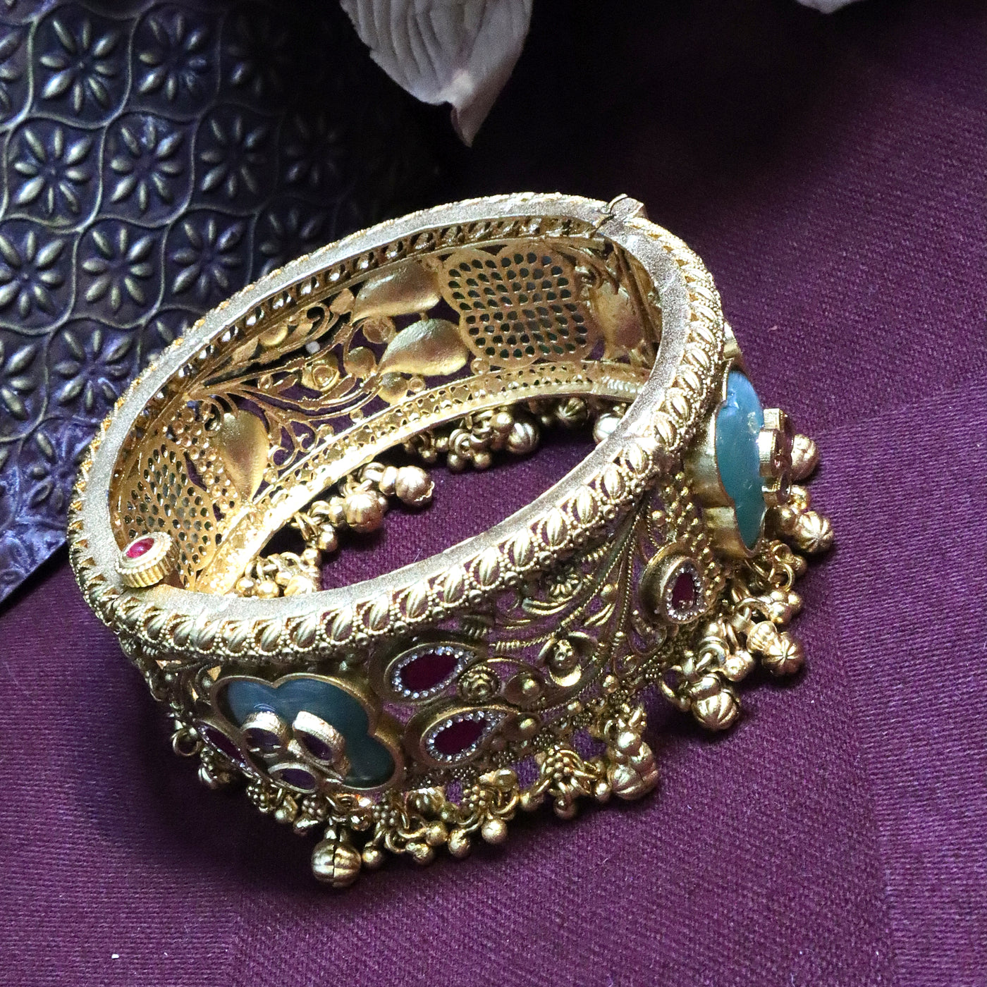Ethnic Matte Gold Filigree Kada with Teal Minakari & Ghungroo Detailing - SIA454226