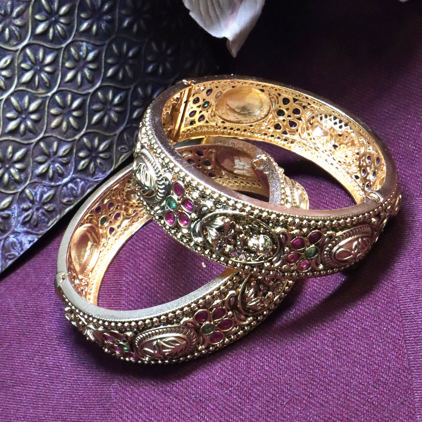 Temple Jewelry Style Matte Gold Kada Set with Ruby-Emerald Stones - SIA454227