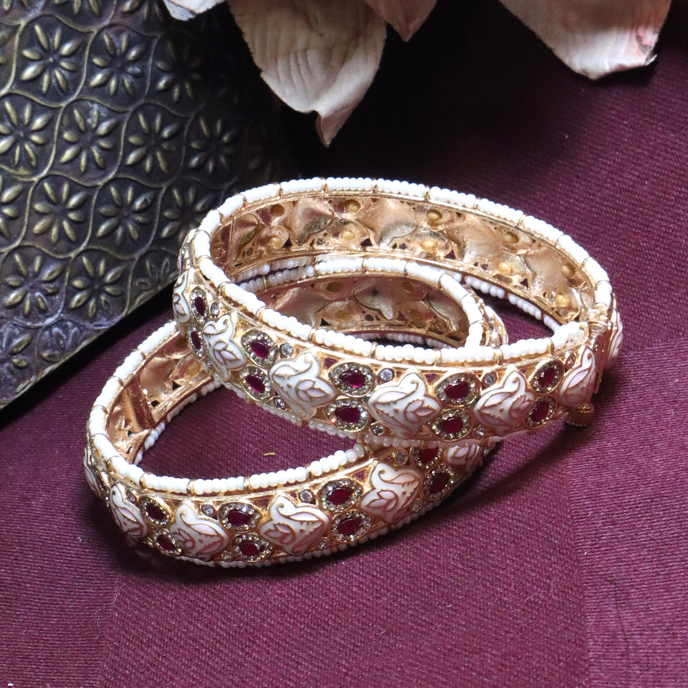 Antique White Minakari Kada Set with Ruby Stones - SIA454233