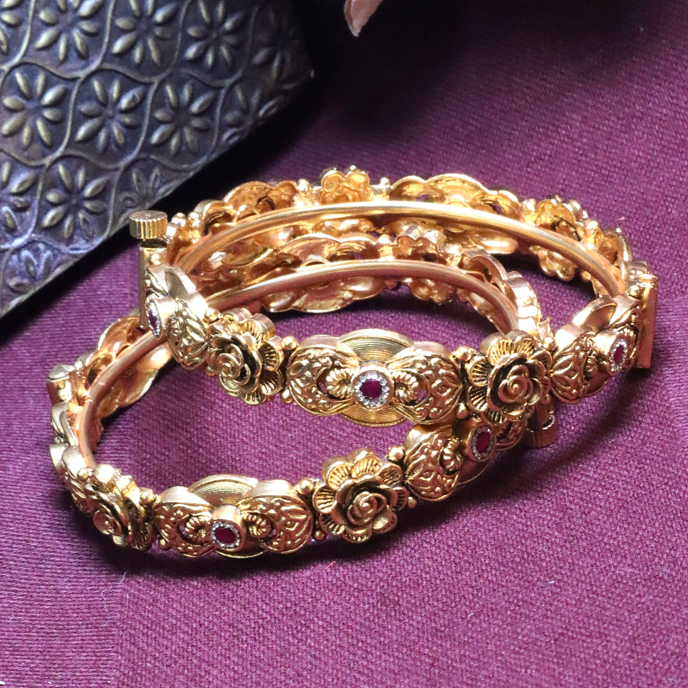 Gold-Toned Rose Design Bangles with Red Stone Accents - SIA454243