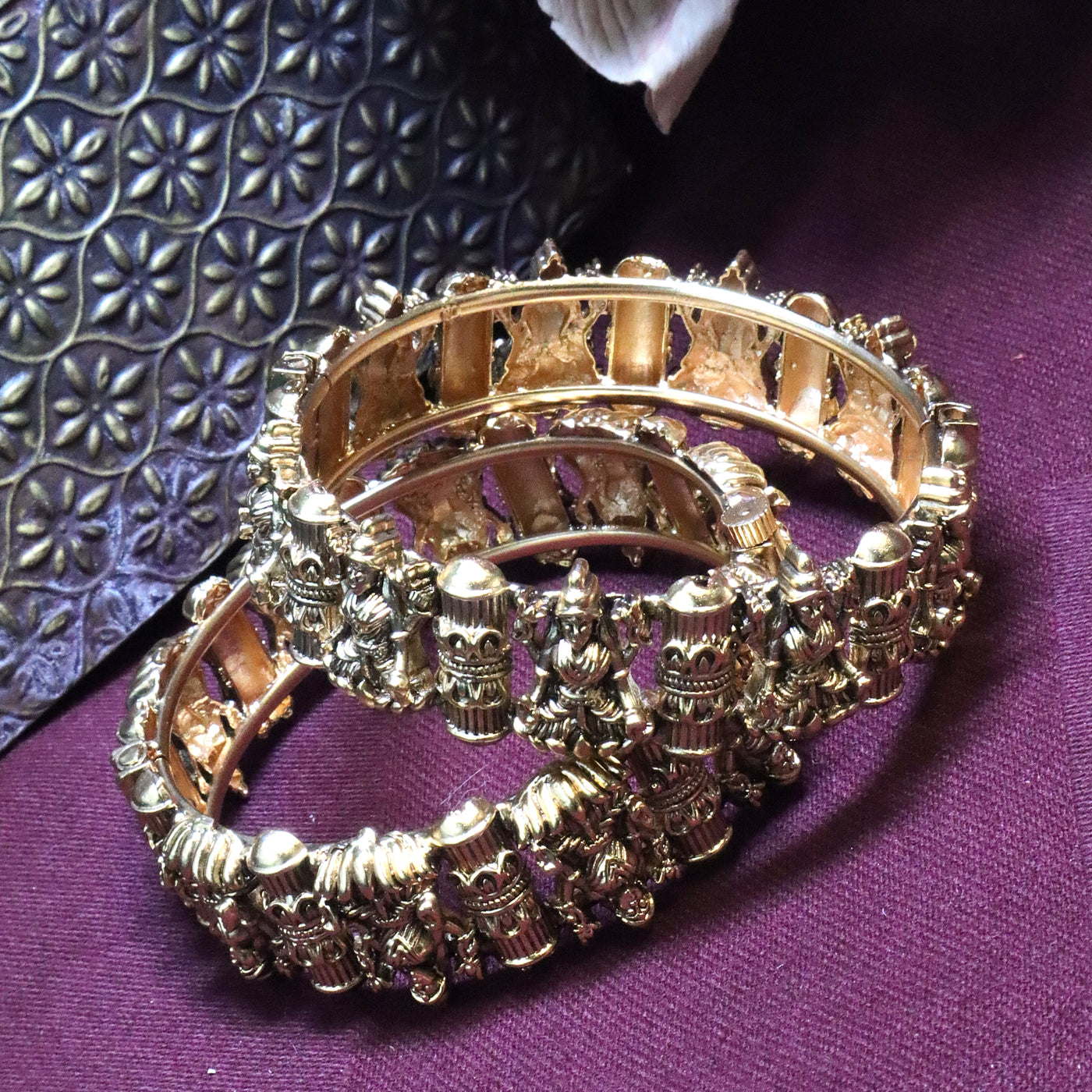 Traditional Antique Gold Bangles with Temple-Inspired Sculpted Detailing - SIA454253