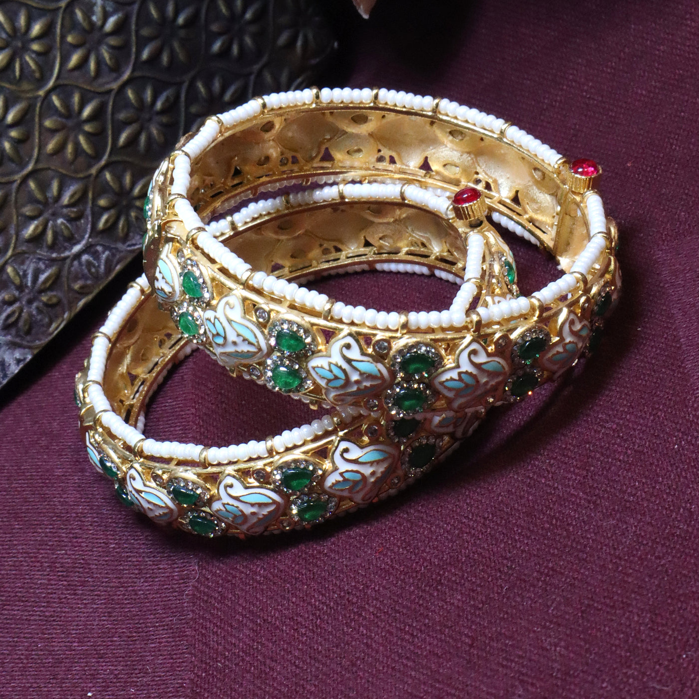 Swan Motif Enamel Kada with Green Stones and Pearl Border - SIA454258