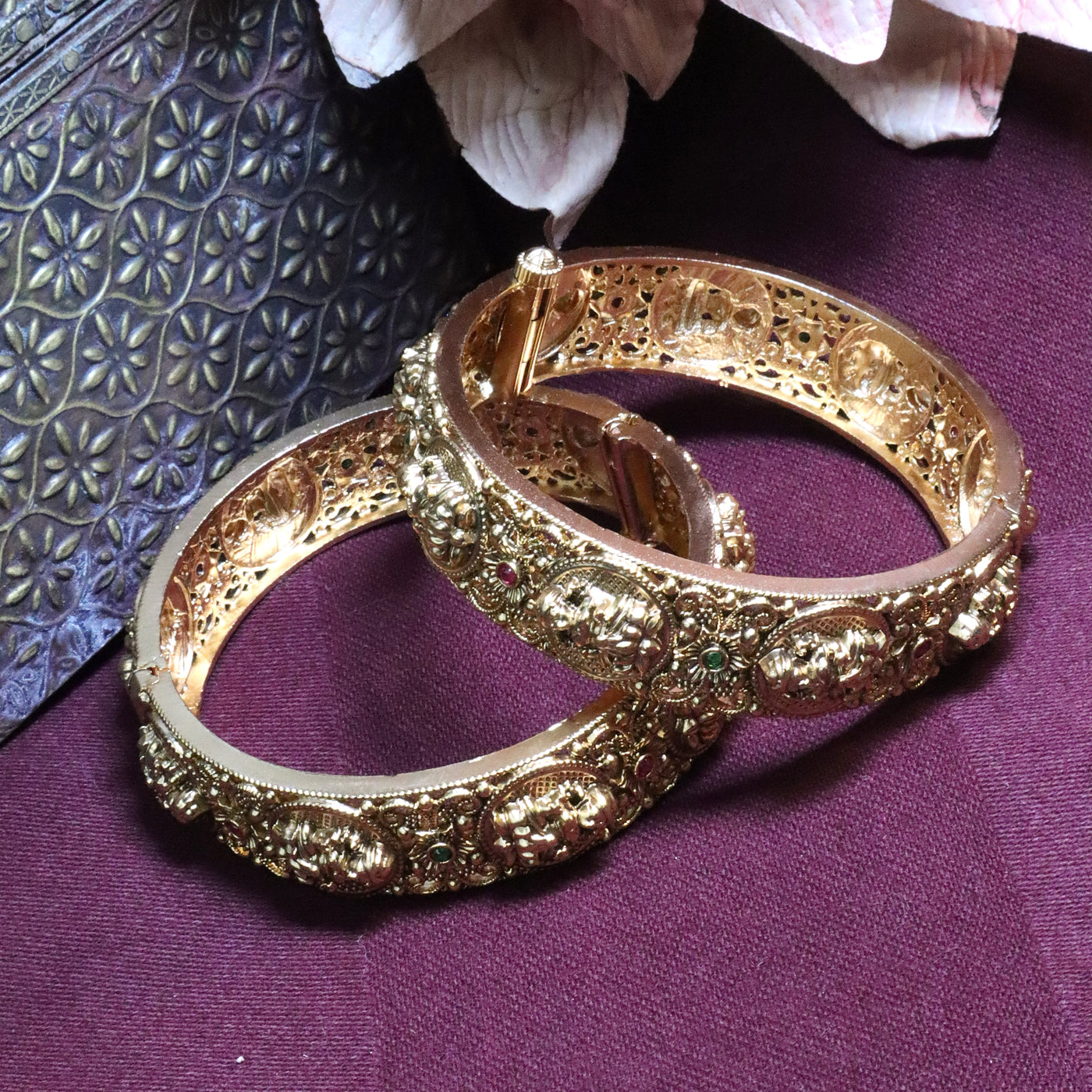 Gold-Plated Temple Bangle Kada with Goddess Lakshmi and Elephant Motifs - SIA454278