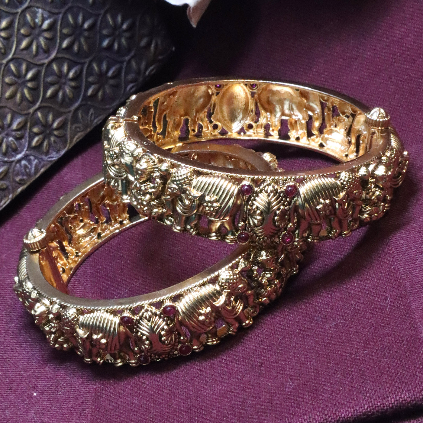 Antique Gold Plated Temple Kada/Bangle with Intricate Elephant and Peacock Motifs - SIA454279