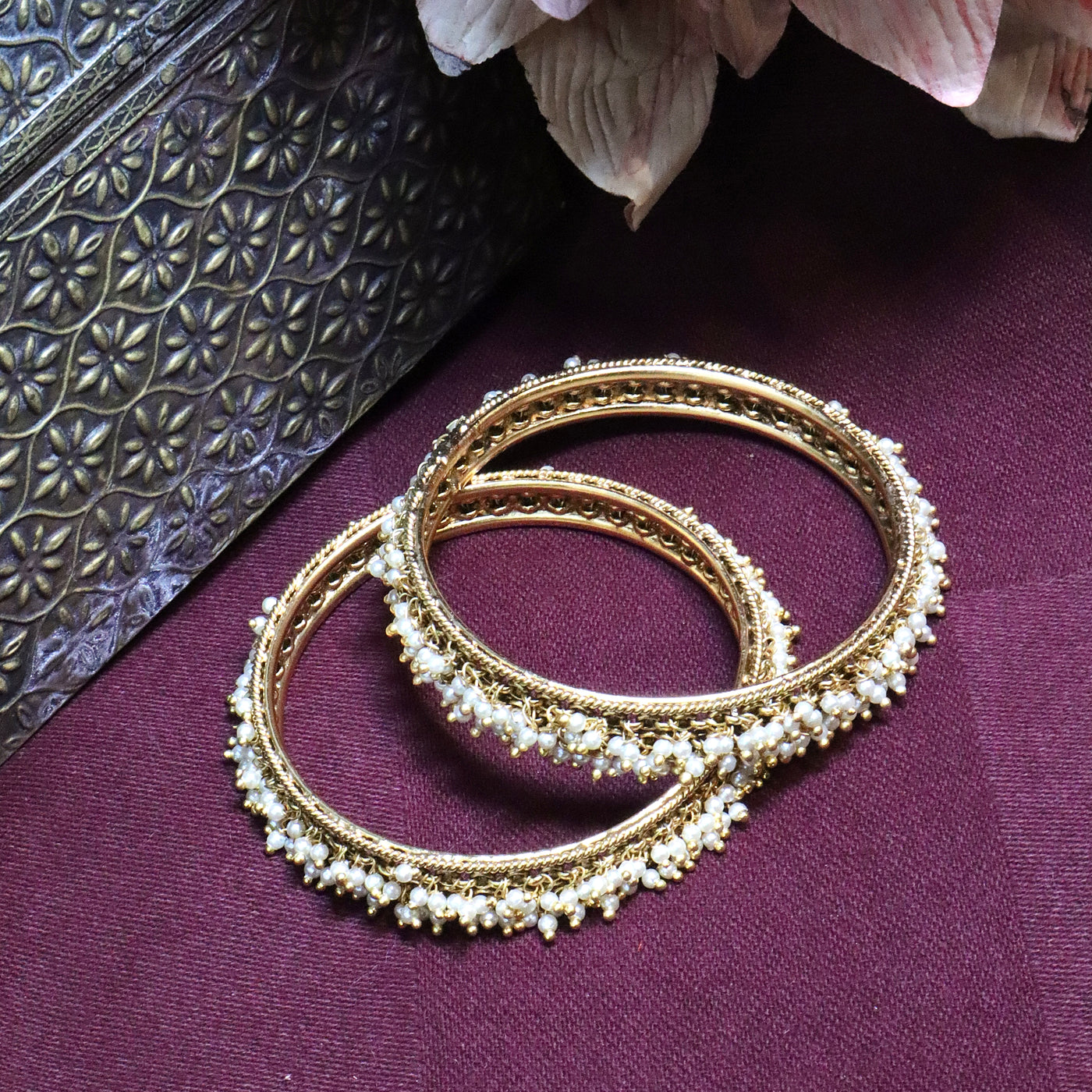 Elegant Gold-Tone Bangle Bracelets with Mini Pearl Drops - SIA454284