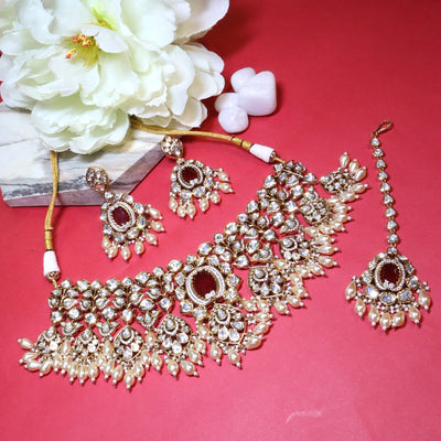 Antique Polki & Ruby Stone Bridal Pearl Drop Set - SIA454308