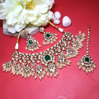 Antique Polki & Emerald Green Stone Bridal Set - SIA454309