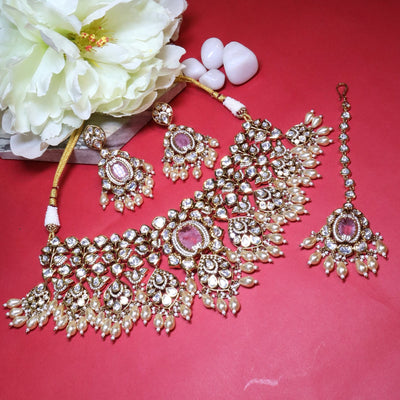 Kundan-Style Pink Center Stone Statement Jewelry Set - SIA454310